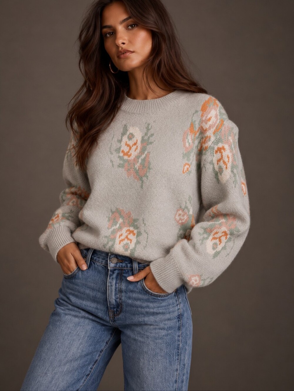 NWT FATE Floral Intarsia Puff Sleeve Sweater Gray Size M